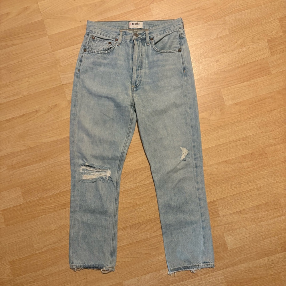 Agolde Sz 26 Riley Jeans High Rise Straight Crop Distressed Shatter Light Blue